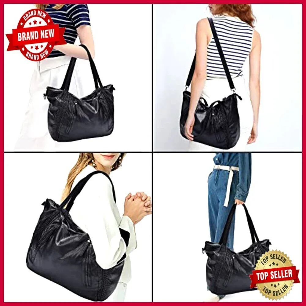 Oversized Slouchy Hobo Tote Bag with Multi-Pockets, Faux Leather